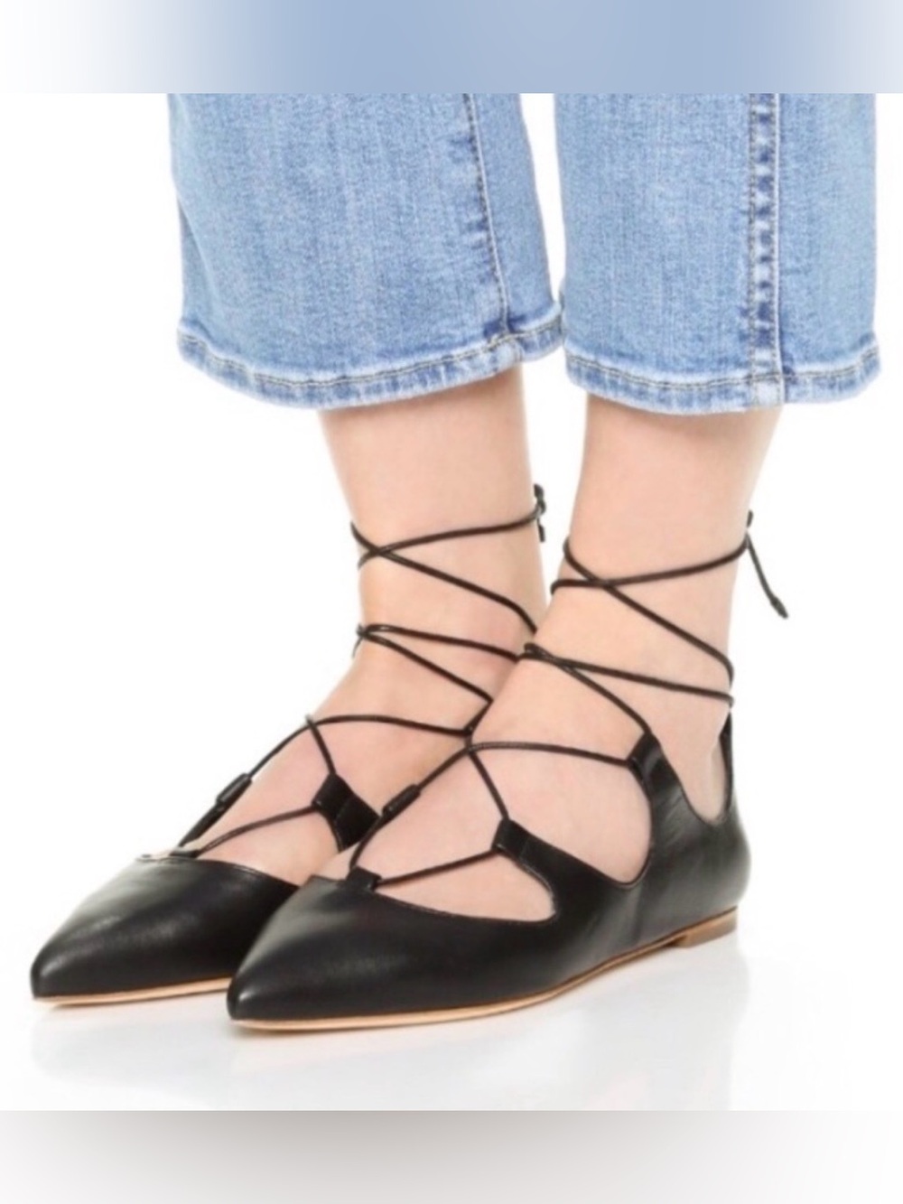 Loeffler Randall Ambra Black Leather Lace-Up Pointed Balletcore Flats 8.5